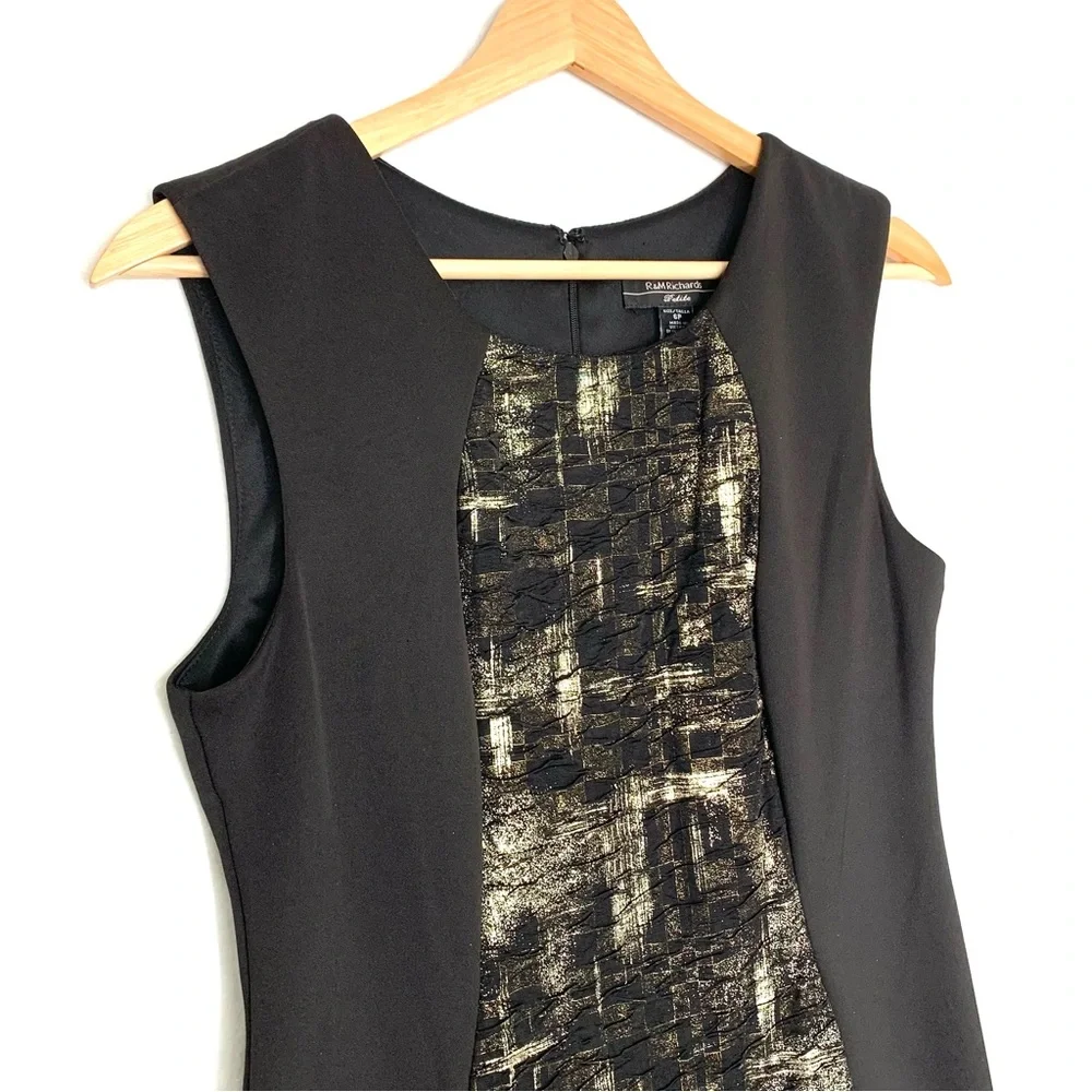R&M Richards Black and Gold Foil Print Figure Flattering Dress Size 6 Petite